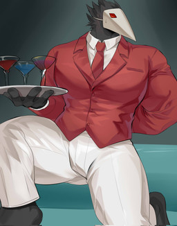 accessory alcohol anthro beverage black_body black_feathers clothed clothing cocktail_glass container cup drinking_glass feathers glass glass_container glass_cup male mask muscular muscular_male necktie red_eyes serving_tray solo tray chung0_0 deltarune undertale_(series) avian darkner swatchling hi_res