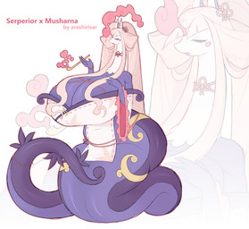anthro apode belly big_belly big_breasts big_butt breasts butt female fusion legless mature_female overweight pokemon_fusion serpentine solo arashirisar nintendo pokemon fan_character draconcopode generation_5_pokemon hybrid musharna naga pokemon_(species) serperior absurd_res hi_res