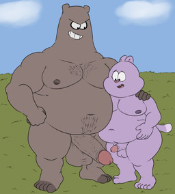 age_difference anthro balls big_balls big_penis body_hair duo erection field genitals glans grin hand_on_shoulder happy_trail imminent_sex male male/male moobs nipples overweight overweight_male penis pink_glans schnitzel smile standing young camp14 cartoon_network chowder_(series) chowder hi_res