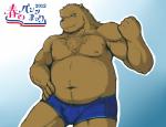 anthro biceps bulge chest_tuft clothed clothing facial_hair fur looking_at_viewer male muscular muscular_anthro muscular_male navel pecs simple_background slightly_chubby solo topless tuft underwear shinoda_hamazaki bear brown_bear grizzly_bear mammal ursine 2012