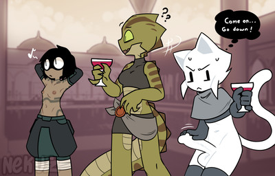 anthro bodily_fluids bottomless bottomless_male breasts casual_exposure clothed clothing erection female flat_chested genitals group male non-mammal_breasts partial_nudity penis public public_exposure question_mark sweat text topless topless_female trio unwanted_erection nekuzx neve_the_half-beast tana_the_human domestic_cat felid feline felis human lizard mammal reptile scalie english_text hi_res