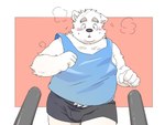 anthro belly blush bottomwear bulge clothing exercise humanoid_hands kemono male moobs overweight overweight_male running shirt shorts simple_background solo topwear workout inunoshippo canid canine canis domestic_dog mammal 2024 4:3 hi_res