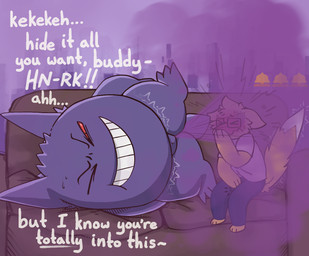 anthro biped bottomwear bulge clothed clothing covering covering_crotch covering_erection covering_face covering_penis dialogue duo embarrassed emoji eyes_closed eyewear fart fart_cloud fart_fetish farting_on_another flirting furniture glasses humiliation laugh lying male male/male motion_lines on_side onomatopoeia pants purple_body purple_fart_cloud raised_leg red_eyes shirt sitting smelly smile sofa sound_effects text topwear yellow_body austrum nintendo pokemon canid canine canis domestic_dog generation_1_pokemon gengar mammal pokemon_(species) english_text hi_res