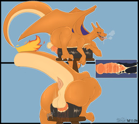 anus balls big_butt blush blush_lines bodily_fluids breath breeding_mount butt cum cum_inside drooling_tongue ejaculation feral feral_penetrating fire flaming_tail from_behind_position genital_fluids genitals humanoid_genitalia humanoid_penis hybrid_genitalia hybrid_penis internal knot knotted_humanoid_penis knotted_penis male masturbation motion_lines mounting non-mammal_balls orange_body panting penetration penile penile_masturbation penis perineum pop_(sound_effect) ribbed_penis sex solo tail wings conditional_dnp taoreta mythology nintendo pokemon charizard dragon generation_1_pokemon mythological_creature mythological_scalie pokemon_(species) scalie