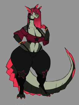 anthro black_bottomwear black_clothing black_pants bottomwear bracelet breasts choker clothed clothed_anthro clothed_female clothing collarbone curvy_figure ear_fins ear_piercing eyelashes facial_piercing female female_anthro fin fingers front_view furgonomic_piercing furgonomics grey_background hair hand_on_hip huge_thighs jewelry mouth_closed multicolored_body necklace nose_piercing pants piercing red_hair simple_background small_waist solo standing star_print tail thick_thighs topwear torn_clothing torn_topwear gatoradeew lizard reptile scalie 2026 digital_drawing_(artwork) digital_media_(artwork) full-length_portrait hi_res portrait