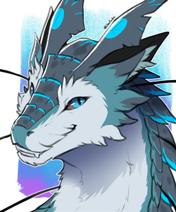 black_body black_scales black_skin blue_eyes blue_markings exposed_eye_muscles exposed_teeth feathers feral grey_body grey_feathers long_whiskers looking_at_viewer male markings neck_whiskers scales side_view simple_background smile solo whiskers white_body white_feathers libertades the_forgotten_(justin_eckelbarger) kyori enolaraptor bust_portrait portrait