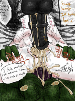 anal anal_penetration animal_genitalia animal_penis balls big_balls big_penis blush bodily_fluids breasts cum cum_drip cum_in_ass cum_inflation cum_inside dominant dripping equine_genitalia equine_penis erection female forced gangbang genital_fluids genitals green_body green_skin group group_sex huge_penis inflation larger_dom male male/female medial_ring muscular nude penetration penis rape sex size_difference stripes text vulva hakiahki equid equine humanoid lagomorph leporid mammal orc rabbit zebra comic english_text