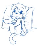 3_toes 4_fingers anthro arched_back arm_support backward_arm_support bent_legs black_nose blush blush_lines bottomless bottomless_anthro bottomless_female clothed clothing cute_fangs eye_through_hair fangs feet female female_anthro fingers genitals hair leaning leaning_backward open_mouth open_smile pawpads pillow pussy raised_leg reclining shirt shirt_only smile soles solo t-shirt t-shirt_only tail teeth text toes topwear topwear_only translucent translucent_hair young young_anthro young_female manafox domestic_cat felid feline felis mammal 2014 artist_name blue_and_white dated digital_drawing_(artwork) digital_media_(artwork) full-length_portrait hi_res monochrome portrait signature sketch