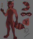 anthro brown_body brown_fur brown_hair cheek_tuft claws close-up digitigrade ear_piercing ear_ring ear_tuft eye_close-up facial_tuft fur gloves_(marking) hair industrial_piercing looking_at_viewer male male_anthro markings piercing pointy_ears prick_ears pupils purple_claws red_eyes red_nose ring_piercing slit_pupils solo striped_markings striped_tail stripes tail tail_markings tuft sleepy.inkzzz kariatenma mammal procyonid raccoon absurd_res hi_res model_sheet