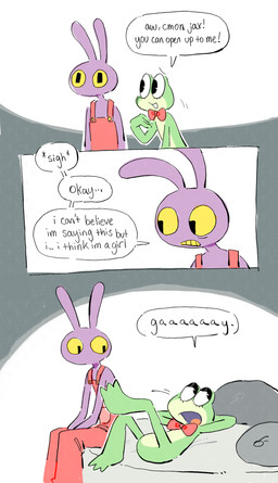 3_panel_comic anthro bed big_eyes black_eyes bow_tie bow_tie_only button_(fastener) clothing coming_out dialogue duo ears_down ears_up eye_bags female female/female furniture green_body leaning leaning_forward looking_aside lying mostly_nude mouthless on_back on_bed overalls overalls_only pie_cut_eyes pillow pivoted_ears purple_body red_bow_tie red_clothing red_overalls sigh sitting speech_bubble text yellow_sclera kint glitch_productions the_amazing_digital_circus jax_(tadc) ribbit_(tadc) amphibian frog lagomorph leporid mammal rabbit colored comic hi_res trans_(lore) trans_woman_(lore)
