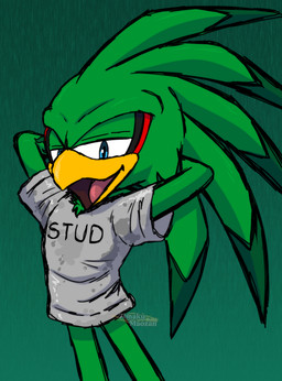 anthro dirty_shirt green_background green_body hands_behind_head male simple_background smile solo stained_shirt zimakum sega sonic_riders sonic_the_hedgehog_(series) jet_the_hawk accipitrid accipitriform avian bird absurd_res colored_sketch hi_res sketch