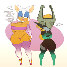 anthro big_breasts blush breast_envy breast_size_difference breasts cigarette cleavage clothed clothing collar curvy_figure dialogue duo female flat_chested front_view legwear navel open_mouth panties prostitution shortstack shortstack_female shy simple_background skimpy speech_bubble standing text thick_thighs thigh_highs underwear voluptuous wide_hips zetaskully nintendo sega sonic_the_hedgehog_(series) the_legend_of_zelda twilight_princess midna rouge_the_bat bat humanoid imp mammal twili 1:1 2020 digital_media_(artwork) english_text hi_res