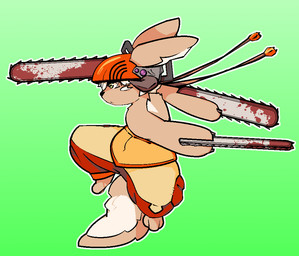 ambiguous_gender anthro armor blood bodily_fluids chainsaw chainsaw_arm clothed clothing cosplay crossover_cosplay gradient_background headgear helmet power_tool simple_background solo tools catjamn chainsaw_man made_in_abyss nanachi lagomorph mammal narehate aliasing crossover digital_media_(artwork)