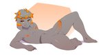 anthro balls erection eyebrows floppy_ears fur genitals grey_body grey_fur hair horn lying male nipples nude on_back orange_eyes orange_horn orange_nipples orange_penis orange_stripes penis raised_eyebrow scar simple_background smile smirk solo stripes huggablehusky gusta_(gusta) bovid caprine goat mammal cel_shading digital_media_(artwork) hi_res shaded