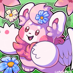 accessory anthro flower flower_in_hair hair hair_accessory neck_tuft open_mouth open_smile plant smile solo tuft wings cephalonmarsh unknown_species hi_res