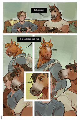 anthro barbell_piercing biped circular_barbell_piercing clothed clothing controller dialogue facial_piercing group male male_anthro male_human mane nose_piercing piercing septum_circular_barbell septum_piercing shirt t-shirt text topwear trio selezneva equid equine horse human mammal 2:3 comic english_text hi_res