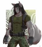 abs anthro backpack belt biceps biped black_hair black_nose blue_eyes bottomwear claws clothed clothing fingerless_gloves fur gloves grey_body grey_fur hair handwear looking_at_viewer male muscular muscular_anthro muscular_male pants pecs shirt simple_background solo standing topwear sollyz canid canine canis mammal wolf hi_res