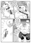 anthro belly big_belly blush clothed clothing dialogue duo larger_male male male/male overweight overweight_anthro overweight_male rock_paper_scissors size_difference smaller_male smile speech_bubble text topwear lucusold kroxy_(character) logie_(character) canid canine canis domestic_dog mammal wolf comic english_text hi_res monochrome