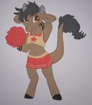 absurd_res anthro big_tail biped bottomwear bovid bovine bracelet broken_horn brown_body brown_fur cattle cheerleader cheerleader_outfit chest_tuft clothed clothing crop_top digital_media_(artwork) female flat_chested fully_clothed fur graphite_(artwork) grey_hair grey_horn hair hi_res hooves horn jewelry mammal manitka manitka_(character) midriff mixed_media multicolored_bottomwear multicolored_clothing multicolored_crop_top multicolored_shirt multicolored_skirt multicolored_topwear navel orange_eyes pencil_(artwork) pom_poms shirt simple_background skirt smile solo star_polygon tail topwear traditional_media_(artwork) tuft two_tone_bottomwear two_tone_clothing two_tone_skirt two_tone_topwear