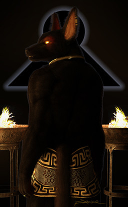 anthro collar ear_piercing fire fur looking_at_viewer looking_back looking_back_at_viewer male muscular piercing rear_view solo tail sherwood anubian_jackal canid canine canis jackal mammal 3d_(artwork) digital_media_(artwork) hi_res signature