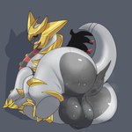 1:1 6_legs altered_forme_giratina anus balls big_balls big_butt bodily_fluids butt butt_focus feral generation_4_pokemon genitals giratina grey_body hi_res huge_balls huge_butt legendary_pokemon long_neck lying male nintendo on_side pokemon pokemon_(species) presenting presenting_hindquarters raised_tail rear_view red_eyes snappy_snaz solo sweat sweaty_butt tail thick_thighs wings