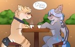 anthro beverage blush bodily_fluids dialogue eyewear feral glasses kerchief male sitting smile sweat tea snowstormbat hasbro my_little_pony adrian_(snowstormbat) midnight_snowstorm bat_pony equid equine horse mammal mustelid otter pony 16:10 absurd_res hi_res widescreen