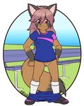 anthro bottomless bottomwear bottomwear_down brown_body brown_fur clothed clothing female fingerless_(marking) fur genitals gloves_(marking) hair markings pants pants_down partially_clothed pink_eyes pink_hair presenting presenting_pussy public public_exposure pussy smile soccer soccer_uniform solo sport sportswear tomboy uniform young young_anthro k0yangi nikki_(nikkithetanuki) canid canine mammal raccoon_dog tanuki absurd_res hi_res