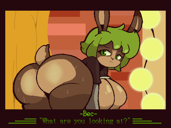 anthro big_breasts big_butt black_clothing black_shirt black_topwear bodily_fluids breasts brown_body brown_fur butt butt_heart clothed clothing curtains dialogue female fur green_eyes green_hair hair huge_butt lights looking_at_viewer raised_clothing raised_shirt raised_topwear rear_view shirt shortstack solo sweat sweatdrop talking_to_viewer tan_body tan_fur text thick_thighs topwear wide_hips windreg1 bec_(lobokosmico) lagomorph leporid mammal rabbit 4:3 hi_res