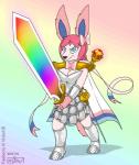 anthro anthrofied armor blue_eyes boots breasts cape cleavage clothed clothing female footwear fur hair melee_weapon pink_body pink_fur pink_hair pokemorph rainbow_sword shoes solo sword weapon drjavi nintendo pokemon faeberry fan_character eeveelution generation_6_pokemon pokemon_(species) sylveon