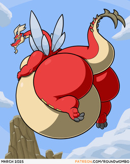 anthro belly big_belly big_butt big_moobs bouncing_belly butt facial_hair flying goatee hand_on_belly huge_belly huge_butt male moobs mountain obese obese_anthro obese_male outside overweight overweight_anthro overweight_male red_body sky solo text thick_thighs wings yellow_sclera roundwombo mythology nintendo the_legend_of_zelda wind_waker valoo dragon mythological_creature mythological_scalie scalie 2025 animated hi_res url