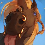 ambiguous_gender blep blonde_mane blue_background blue_eyes brown_body facial_piercing fangs feral glistening glistening_eyes horn looking_at_viewer mane mouth_closed nose_piercing nose_ring nostril_ring piercing pink_tongue ring_piercing simple_background solo teeth tongue tongue_out blackscour mythology equid equine mammal mythological_creature mythological_equine unicorn 1:1 hi_res
