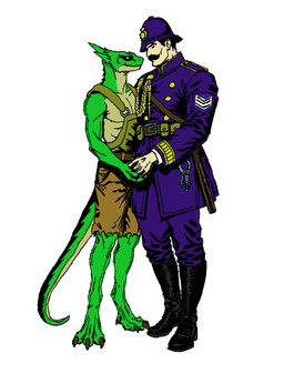 anthro baton belt black_hair blue_eyes boots claws clothing duo facial_hair feet female footwear green_body hair hand_holding key looking_at_another male male/female mustache overalls police police_uniform romantic shoes simple_background smile suspenders toe_claws uniform white_background postto deadlock_(game) european_mythology greek_mythology mythology valve vyper_(deadlock) warden_(deadlock) gorgon human mammal reptile scalie snake hi_res traditional_media_(artwork)