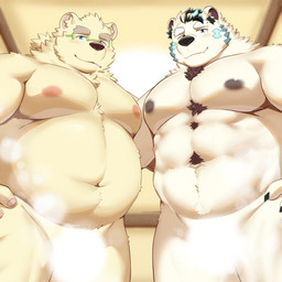 anthro belly blush cigarette convenient_censorship duo eyewear fur glasses hair male male/male musclegut muscular nipples nude overweight ponytail smile steam white_body white_fur ruoain lifewonders tokyo_afterschool_summoners jack_frost_(tas) leib_(tas) bear mammal polar_bear ursine 1:1 hi_res