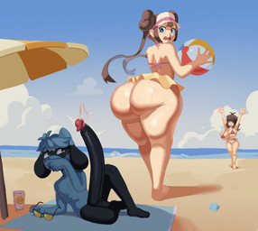 5_fingers anthro beach big_breasts big_butt big_penis bikini biped black_body black_fur black_penis blue_body blue_fur blue_hair bodily_fluids breasts brown_hair butt clothed clothed_female clothed_human clothing erection eyes_closed female female_human fingers fur genitals group hair huge_breasts huge_butt huge_penis humanoid_genitalia humanoid_hands humanoid_penis male male_anthro nude_anthro nude_male penis raised_arms standing sweat sweatdrop sweaty_butt swimwear trio two-piece_swimsuit azllimaz nintendo pokemon hilda_(pokemon) rosa_(pokemon) generation_4_pokemon human mammal pokemon_(species) riolu absurd_res hi_res