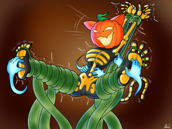 5_fingers 5_toes anthro breasts captured claws disembodied_hand feet female fingers food foot_fetish for_a_head fruit ghost_hand holidays humanoid_feet humanoid_hands laugh motion_lines plant plantigrade pumpkin pumpkin_head restrained soles solo_focus spread_toes tail tickle_fetish tickle_torture tickling tickling_armpits tickling_belly tickling_feet tickling_sides toe_claws toes vine_bondage skoufidios epic_games fortnite halloween spice_(fortnite) domestic_cat felid feline felis ghost mammal object_head spirit 4:3