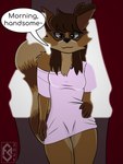 anthro bare_shoulders bottomless breasts brown_eyes brown_hair chest_tuft clothed clothing countershade_torso countershading dialogue eyewear female fur glasses gloves_(marking) hair looking_at_viewer markings shirt simple_background sleepwear small_breasts smile solo striped_markings striped_tail stripes t-shirt tail tail_markings tan_body tan_fur text topwear tuft wearing_glasses flawedspirit victoria_(flawedspirit) mammal procyonid raccoon 2025 3:4 absurd_res digital_drawing_(artwork) digital_media_(artwork) english_text hi_res high_contrast shaded