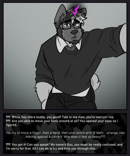 :o anthro beard border bottomwear clothed clothed_anthro clothed_male clothing collared_shirt dialogue eyewear facial_hair first_person_view fully_clothed fully_clothed_anthro fully_clothed_male glasses grey_background grey_border looking_at_viewer male male_anthro open_mouth pants purple_spot_color shirt simple_background solo tail talking_to_viewer text topwear waking_up white_text melaisen bau_(melaisen) akita canid canine canis domestic_dog mammal spitz 2023 5:6 absurd_res comic digital_drawing_(artwork) digital_media_(artwork) english_description english_text greyscale hi_res monochrome spot_color