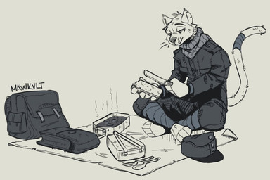 anthro backpack barefoot bedding blanket clothing cutlery ears_up feet food fork hat headgear headwear holding_food holding_knife holding_melee_weapon holding_object holding_sandwich holding_weapon kitchen_utensils knife looking_down male melee_weapon picnic sandwich_(food) smile solo spoon tail tools weapon mawkvlt domestic_cat felid feline felis mammal 3:2 monochrome