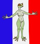 4_fingers 4_toes anthro areola arms_out belly big_belly blush breasts countershading eyelashes feet female fingers fingers_spread french french_flag genitals glistening green_body lipstick looking_at_viewer makeup membrane_(anatomy) navel nipples non-mammal_breasts nude orange_eyes orange_sclera palms pupils pussy slit_pupils smile solo thick_thighs toes webbed_feet webbed_hands cayugo amphibian frog absurd_res cel_shading hi_res shaded