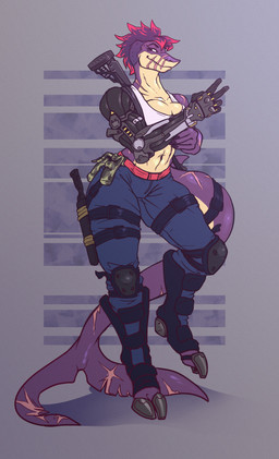 anthro athletic athletic_anthro athletic_female breasts clothed clothing cybernetic_arm cybernetic_limb cybernetics female gun hair knife machine mohawk non-mammal_breasts pink_hair ranged_weapon scar shirt solo tactical tank_top topwear undercut weapon rube nyjasca aquatic cyborg fish shark absurd_res digital_media_(artwork) hi_res shaded