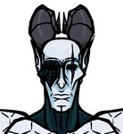 black_eyes empty_eyes eye_scar facial_scar front_view grey_body grey_horn horn humanoid_pointy_ears male pointy_ears scar simple_background solo white_background nanodude78 house_of_the_dead sega magician_(house_of_the_dead) horned_humanoid humanoid