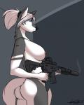 anthro ar-15 assault_rifle big_breasts blue_eyes breasts butt ear_piercing ear_ring facial_piercing female gun hair holding_gun holding_object holding_ranged_weapon holding_weapon lip_piercing m4 nipples nude piercing ponytail ranged_weapon rifle ring_piercing side_boob side_view simple_background smoke solo standing tattoo weapon white_hair kida_howlette kida_howlette_(character) canid canine canis mammal wolf 2017 4:5 digital_media_(artwork) portrait signature three-quarter_portrait