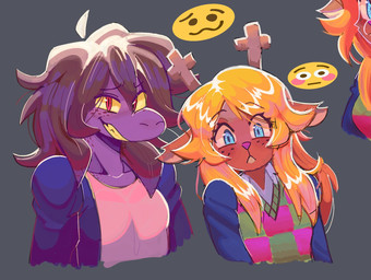 :< ahoge anthro antlers black_clothing black_shirt black_topwear blonde_hair blue_clothing blue_eyes blue_jacket blue_topwear blush breasts brown_body brown_ears brown_fur brown_hair buckteeth checkered checkered_clothing checkered_sweater checkered_topwear clothing collarbone duo emoji eye_through_hair eyebrow_through_hair eyebrows eyelashes female flustered freckled_chest freckled_face freckled_neck freckles fur glistening glistening_hair grey_background grin hair horn jacket light long_hair looking_at_viewer non-mammal_breasts pattern_clothing pattern_sweater pattern_topwear pupils purple_body raised_eyebrows raised_inner_eyebrows red_eyes rounded_snout sharp_teeth shirt simple_background slit_pupils smile sweater sweater_vest teeth three-quarter_view topwear translucent translucent_hair vest white_clothing white_shirt white_topwear wide_eyed yellow_sclera yellow_teeth notnaruse deltarune undertale_(series) noelle_holiday susie_(deltarune) deer mammal new_world_deer reindeer scalie bust_portrait hi_res lighting portrait unavailable_at_source