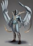 anthro feathered_wings feathers helm_(armor) male navel simple_background solo wings sythgara 2013