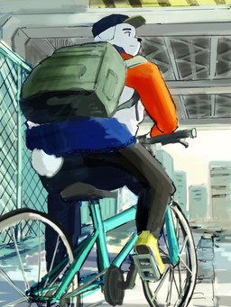 anthro backpack bicycle black_nose bottomwear butt clothing cycling detailed_background fur hat headgear headwear hoodie kemono male pants solo topwear vehicle white_body white_fur michimuchimuchi canid canine canis domestic_dog mammal 2020 3:4 hi_res