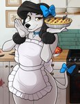 anthro apron apron_only blood bodily_fluids breasts clothed clothing dessert detailed_background feathers female food kitchen looking_at_viewer mostly_nude pastry pie smile solo yellow_eyes zyira princess_(nicoya) canid canine canis domestic_dog mammal 2021 digital_media_(artwork) hi_res