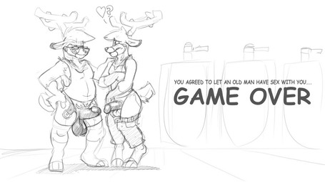age_difference anthro antlers ball_size_difference balls bathroom belt blush bottomwear bottomwear_down clothed clothing duo erection eye_contact eyebrows eyewear game_over gameplay_mechanics genitals glans glasses grin hand_on_hip hand_on_shoulder heart_symbol horn humanoid_genitalia humanoid_penis imminent_sex looking_at_another male male/male mature_anthro mature_male nervous older_male open_bottomwear open_clothing open_pants pants partially_clothed penis public_restroom question_mark saggy_balls shirt shorts shorts_down smile standing tank_top text topwear urinal younger_male furfragged arthur_(furfragged) sino_(furfragged) deer mammal 16:9 comic_sans english_text line_art monochrome widescreen