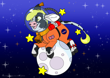 ambiguous_gender clothed clothing feral fur hair moon night open_mouth outside simple_background sky smile solo space spacesuit star starry_sky tail text tongue marvelous_managerie bovid bovine cattle dairy_cattle holstein_friesian_cattle mammal digital_media_(artwork) english_text hi_res