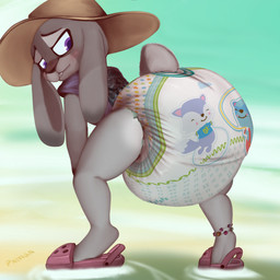 anthro beach big_diaper bodily_fluids clothed clothing diaper diaper_fetish female footwear fur genital_fluids grey_body grey_fur hat headgear headwear solo straw_hat unclean_diaper urine used_diaper using_diaper waterlogged_diaper wearing_diaper wet_diaper wetting wetting_diaper padded_panda crocs disney pampers zootopia judy_hopps european_rabbit lagomorph leporid mammal oryctolagus rabbit 1:1 hi_res