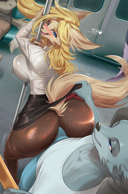 anthro big_breasts big_butt blonde_hair bottomwear breasts bulge butt clothed clothing clothing_lift collared_shirt dancing denim denim_bottomwear denim_clothing dress_shirt duo female fully_clothed fur grinding_on_penis hair jeans legwear male male/female pants pantyhose pole pole_dancing public public_sex public_transportation rapid_transit sex shirt skirt skirt_lift tail tan_body tan_fur thick_thighs topwear kittell blanche_(kittellox) canid canine fox mammal hi_res